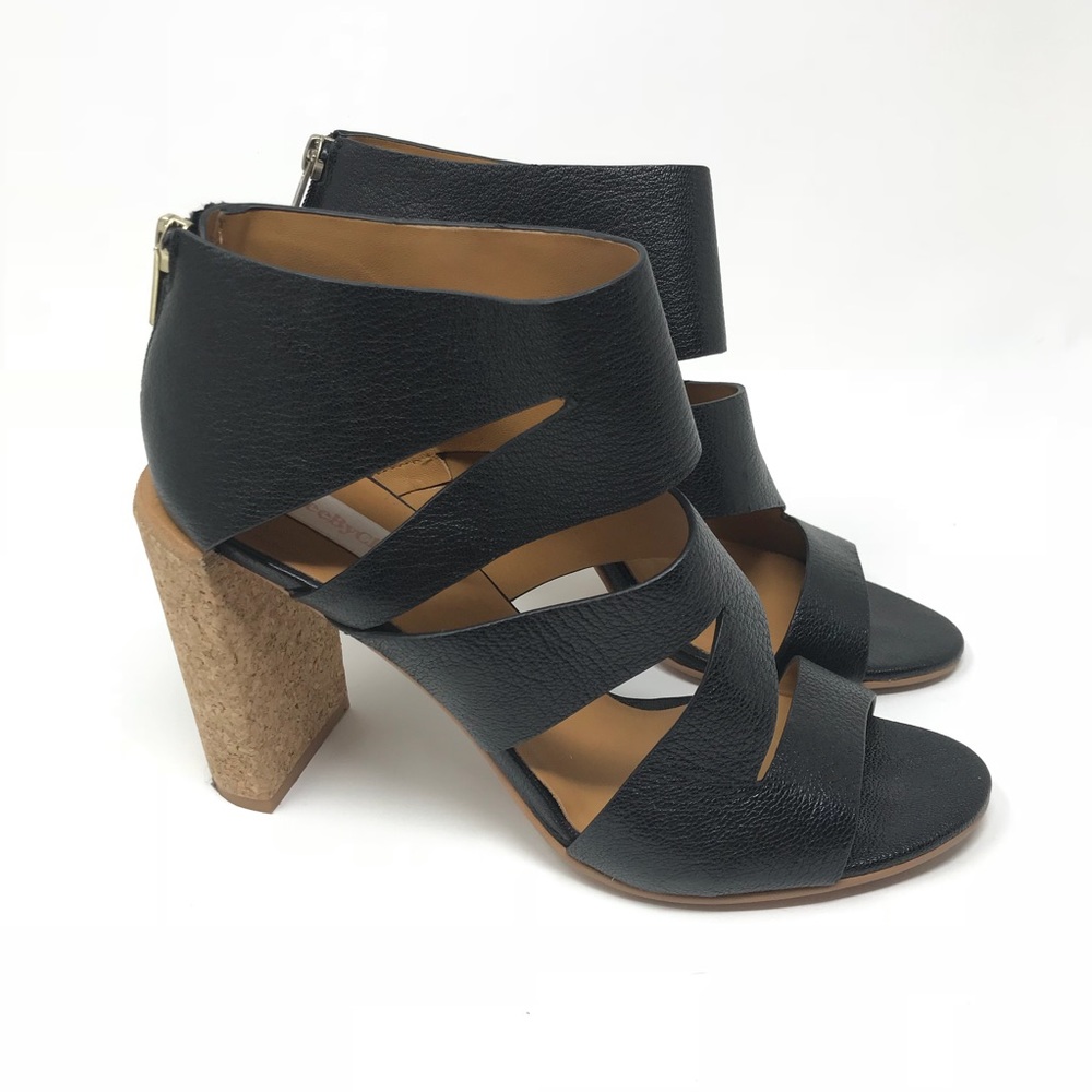 See By Chloe Dania Cork Heel Black Leather Strappy Cutout Sandal